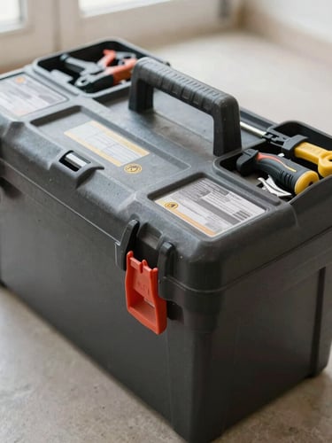 Close-up of a neat, organized toolbox on a clean floor, bright natural daylight, honest documentary photography, realistic clean colors, sharp focus, 35mm