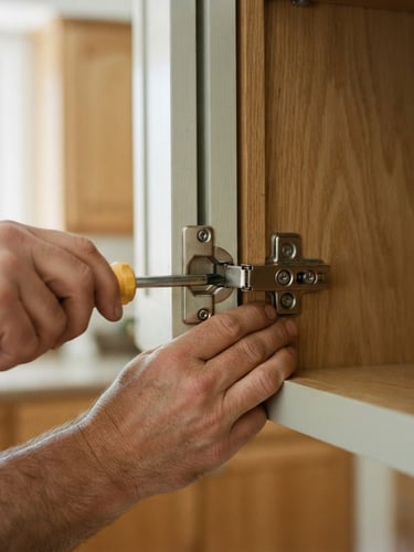 Close-up of hands using a clean screwdriver to tighten a cabinet hinge, bright natural daylight, honest documentary photography, realistic clean colors, sharp focus, 35mm