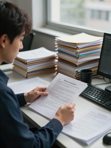 Wide environmental shot of an admissions office, staff member at a desk reviewing printed research documents under cool natural window light, stacks of folders in background, honest and unposed