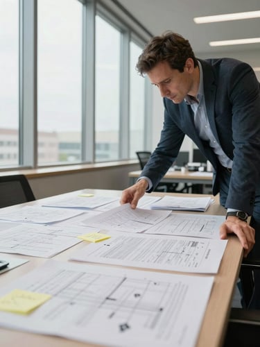 Environmental wide shot, natural daylight through tall windows, a strategist reviewing printed research documents at a desk covered in annotated survey sheets and sticky notes, foreground slightly soft, right side of frame, neutral office background
