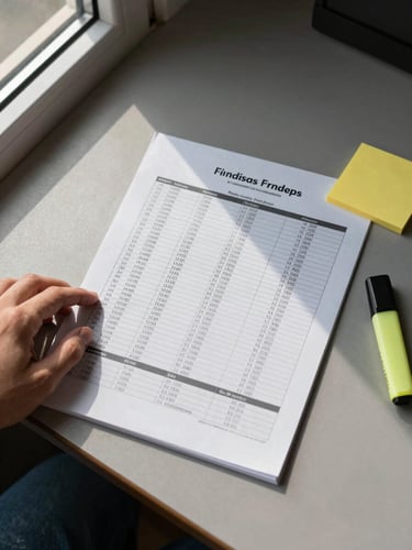 Overhead flat-lay on a matte desk surface: a printed findings report open to a data table, a hand resting on the margin with a pen, a yellow sticky note and a highlighter to the right, natural daylight from a window off-left casting a soft directional shadow across the document