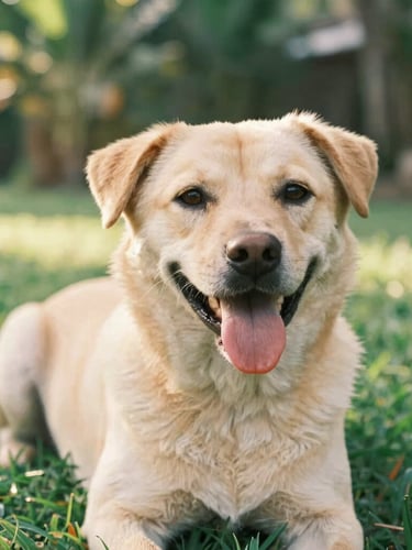 Close-up eye-level shot of a healthy Balinese dog smiling with its tongue out, lying on lush green grass under soft warm sunlight, tropical garden background