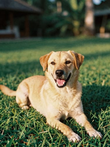 Warm editorial photography of a happy rescued dog basking in the golden-hour Bali sun on lush green grass, 35mm film look