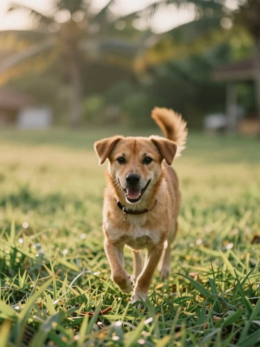 Eye-level shot of a happy Balinese rescue dog running freely on lush green grass, warm golden-hour tropical sunlight, shallow depth of field, 35mm film look