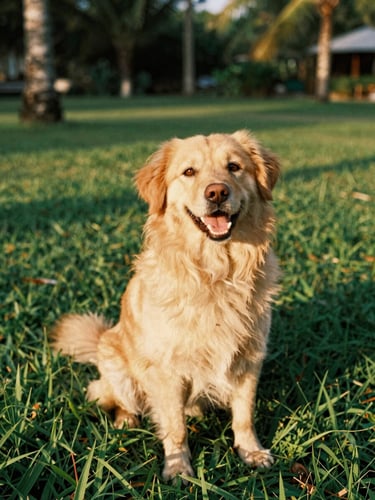 Eye-level shot of a happy golden Bali dog sitting in lush green grass, warm golden-hour tropical sunlight, soft natural shadows, 35mm film look