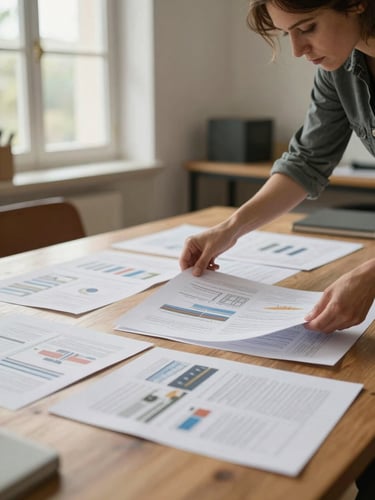 Wide environmental shot of a planning session in a bright Provençal workspace — a woman reviewing printed communication documents spread across a wooden table, soft natural window light from the left, shallow depth of field on the papers, no eye contact with camera
