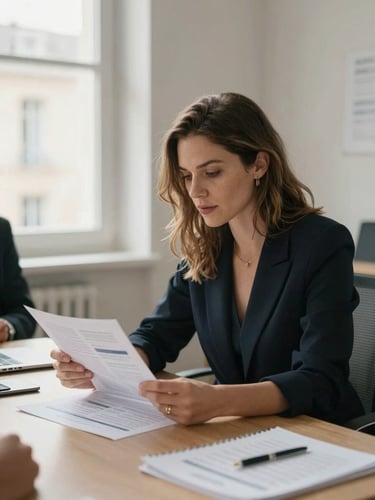 Audrey Beurnier in a working moment at a meeting table in a bright Aix-en-Provence office, reviewing a printed communication plan with a client, soft natural window light from the left, relaxed and focused atmosphere, no posed portraiture