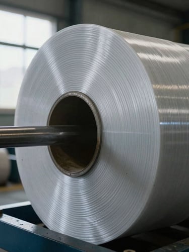 Close-up of industrial high-density polymer film rolls on a steel shaft, cool factory daylight filtering through warehouse windows, sharp focus, 35mm