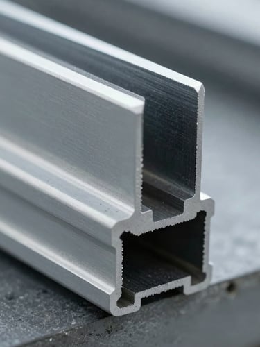 Sharp technical close-up of extruded PVC profiles with clean geometric edges, cool factory daylight, metallic tones, sharp macro focus, 35mm