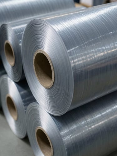 A macro technical close-up of heavy-duty plastic film rolls stacked on a clean factory floor, cool daylight highlighting the precise layered edges and high-contrast metallic slate gray tones, 35mm.