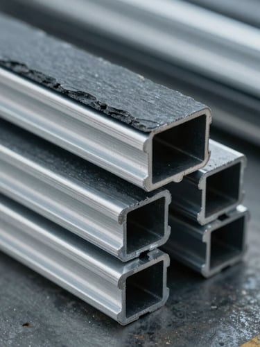 High-contrast macro photograph of extruded aluminum and PVC fence profiles stacked on a factory floor, cool-toned industrial task lighting, 35mm