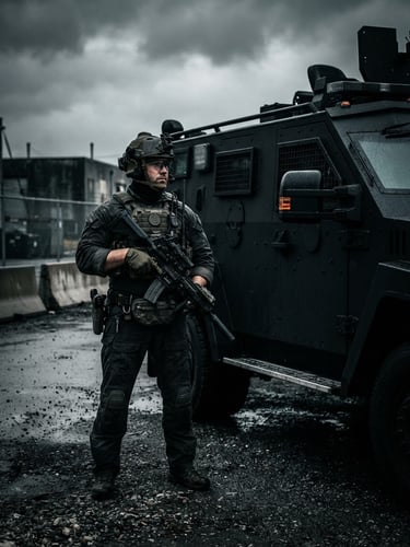 Dark, high-contrast image of a professional security personnel in tactical gear, standing beside a black armored vehicle, low-key dramatic lighting, desaturated tones, sharp focus, overcast sky.