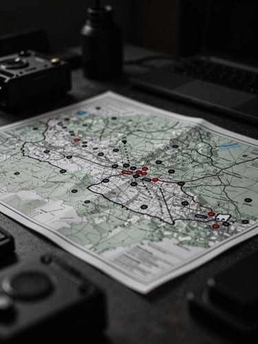 Moody tactical photography, low-key dramatic lighting, desaturated dark tones, high contrast, sharp focus, 35mm, a map of the Mid-South region with overlaid tactical markers, on a secure desk, with communication equipment blurred in the foreground.