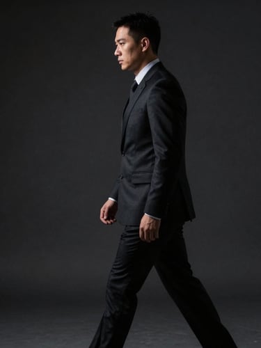 Professional security agent in a dark suit, walking with purpose, side profile, focused expression, low-key dramatic lighting, desaturated dark tones, portrait aspect.