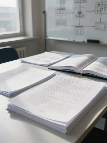 Wide environmental shot of a research workspace — a desk with layered reference papers, open books, and a whiteboard partially visible in the background covered in hand-drawn reasoning diagrams, north-facing window light casting soft shadows across the surface