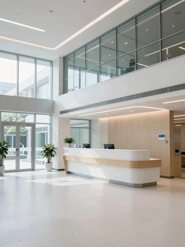 Bright modern hospital lobby with clean white floors, glass architectural elements, and professional reception desk under clinical daylight.
