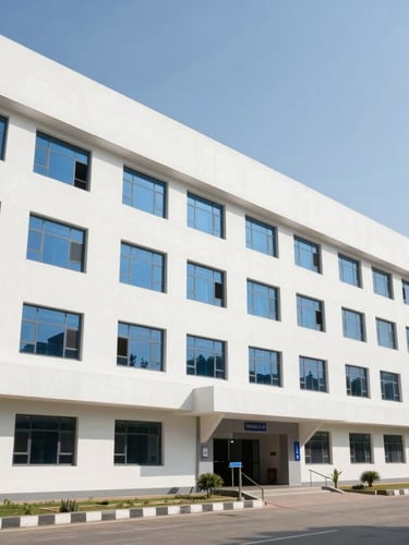 Bright daylight wide shot of the clean, modern white and blue clinical building facade in Gorakhpur, with professional architecture and clear sky background.