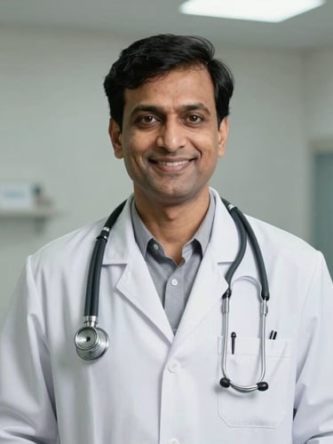 Professional eye-level portrait of Dr. R. S. Yadav in a clean white doctor coat with a stethoscope, smiling reassuringly in a well-lit medical clinic.