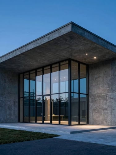 Sharp architectural photography of a modern concrete and glass pavilion, crisp twilight blue hour, deep navy and anthracite tones, sharp focus, 35mm tilt-shift lens.