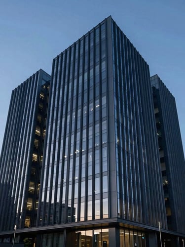 Wide-angle architectural rendering of a modern office building facade, crisp twilight blue hour, sharp lines, deep navy tones, tilt-shift lens