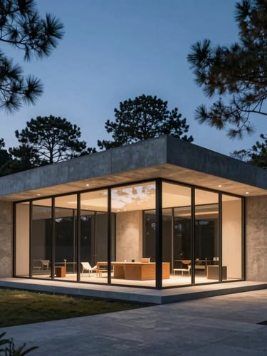 High-end architectural rendering of a modern concrete and glass pavilion at twilight, sharp focus, tilt-shift lens, warm interior lights casting soft glow on surrounding pine trees