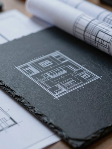 Macro detail of architectural blueprints lying on a clean dark slate desk, natural side light, sharp focus, professional workspace