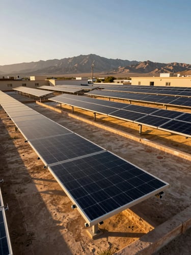 Wide environmental shot, rows of photovoltaic panels mounted on a commercial rooftop in Ouarzazate, late-afternoon golden light casting long diagonal shadows across panel frames, Atlas mountains visible in the far background, no people in frame