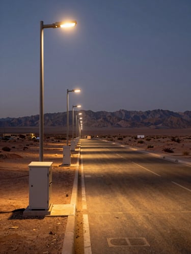 Wide environmental shot of a completed public lighting installation along a desert boulevard in Ouarzazate at dusk, rows of LED poles casting warm pools of light on tarmac, electrical distribution cabinet visible in left foreground under task lighting, long shadows across the road surface, no people, Atlas mountains faint on the horizon