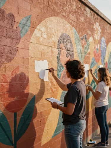 A vibrant community mural in progress, local artists of different ages painting together on a textured brick wall, warm afternoon sun, rich saturated earth tones.