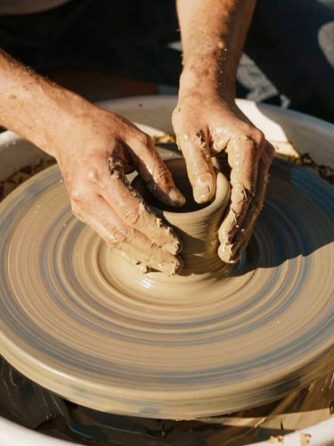 Warm editorial photography of hands molding wet clay on a pottery wheel, golden-hour light highlighting textures, 35mm film style