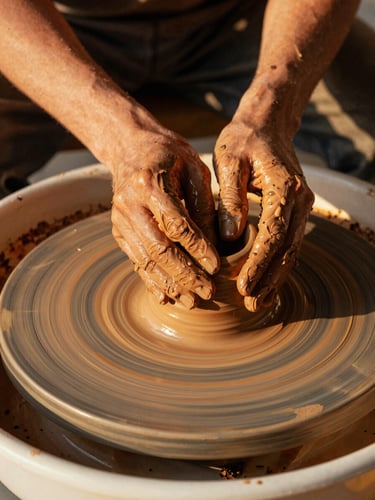 A medium close-up of hands molding warm terracotta clay on a pottery wheel, soft golden hour light highlighting textures, 35mm film style.