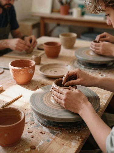 Warm natural light streaming into a bustling community art studio, hands molding clay on a wooden table, terracotta textures, 35mm film.