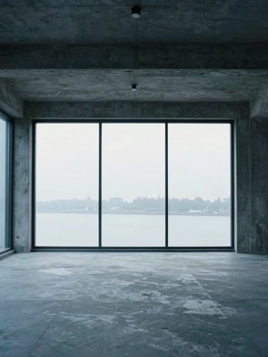 Cool editorial photography of an empty modern design studio with high concrete ceilings, soft overcast daylight through large windows, slate blue and charcoal tones, architectural framing, 35mm