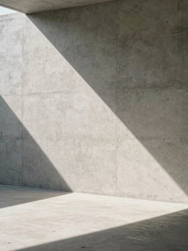 Minimalist architectural space with raw concrete walls, sharp sunlight casting geometric shadows, empty space, 35mm lens
