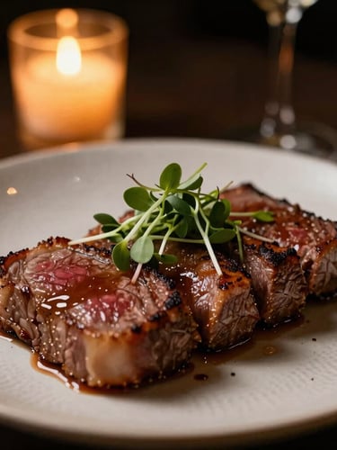 Moody editorial food photography, dramatic low-key side lighting, close-up of a textured plate with seared wagyu beef, microgreens, warm amber candlelight glow, extreme shallow depth of field, 35mm