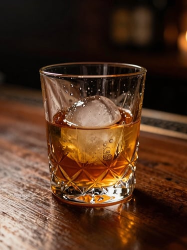 Moody editorial food photography, dramatic low-key side lighting, warm amber tones, extreme shallow depth of field, 35mm. A heavy crystal glass with condensation, filled with an amber liquor and a single large ice sphere, reflecting candlelight on a dark wood bar counter.