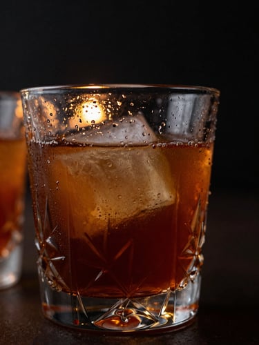 Moody close-up of condensation on heavy crystal glassware containing a dark amber cocktail, candlelight glow, dramatic low-key side lighting, extreme shallow depth of field, 35mm