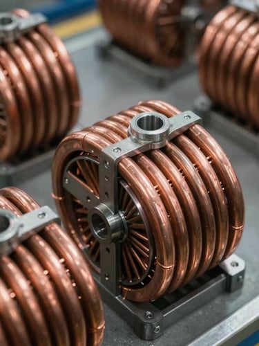 Macro technical close-up shot of heavy-duty copper-nickel condenser coils, clean cool-toned factory floor lighting, sharp industrial focus on alloy texture