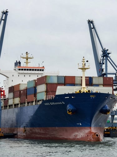 Dramatic wide angle shot of a massive container ship in a drydock shipyard under cool overcast daylight, heavy crane structures framing the vessel, industrial scale.