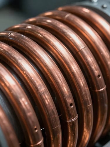Close-up macro of marine-grade copper-nickel condenser coils, industrial scale, high-contrast cool lighting