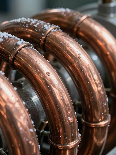 Extreme close-up of copper-nickel condenser coils, glistening with salt spray, high technical detail, cool industrial lighting, sharp focus.