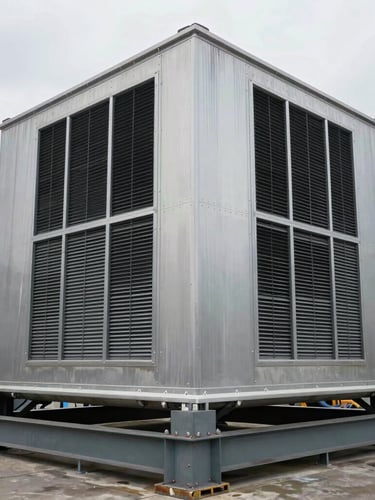 A massive industrial air handling unit being secured on a heavy steel foundation, cool overcast daylight, focus on heavy-duty steel casing and anti-corrosive coatings.