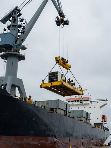 Dramatic wide-angle industrial shot of a heavy-duty air handling unit being crane-lifted onto a massive cargo vessel at an overcast shipyard, steel structures and cranes in background, cool-toned lighting.