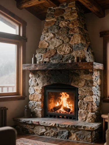Cozy mountain chalet interior in Bananeiras, stone fireplace with a warm glowing fire, soft misty morning light filtering through wooden windows, warm editorial travel photography, 35mm film aesthetic.