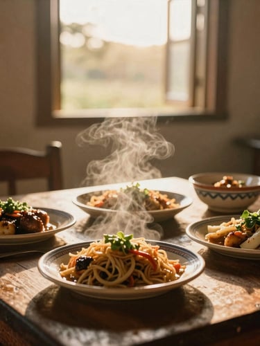 Close-up of a rustic wooden table with regional Paraiba dishes, warm steam rising, golden hour light filtering through a window, 35mm film aesthetic