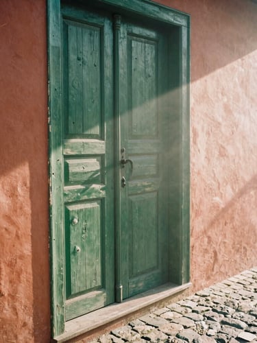 Close-up of a rustic wooden colonial door with weathered texture, soft misty morning light casting long shadows on a cobblestone pathway, warm terracotta and forest green tones, 35mm film aesthetic