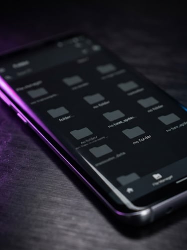 Sleek product photography of a premium Android phone displaying a dark mode file manager interface, moody dark studio lighting with vibrant violet rim lights, 85mm