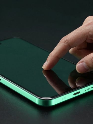 Sleek macro shot of hands interacting with a premium Android screen, moody dark studio lighting with mint green rim lights reflecting off glass surfaces, 85mm