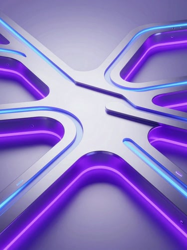 Expansive abstract 3D architectural render of interconnected digital pathways, metallic surfaces reflecting neon purple backlighting, clean studio lighting