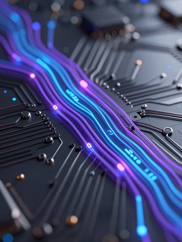 Close-up of a high-fidelity 3D abstract fintech render showing glowing purple and blue code-like data lines flowing through a dark metallic circuit board, premium studio lighting, hyper-detailed.
